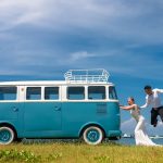 wedding, couple, vintage van